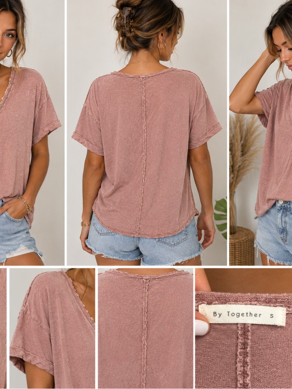By Together Dusty Mauve Raw Edge Henley Top – Size Small